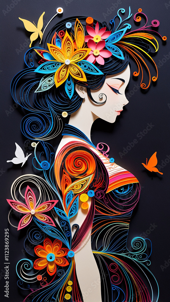Naklejka premium Elegant quill art of a woman figure surrounded by swirling paper and intricate decorative elements