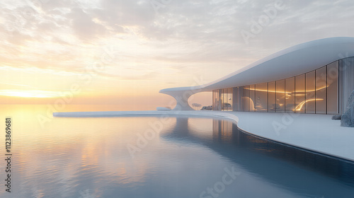 Wallpaper Mural White minimalist design villa with a pool on the sea, curved shape, open roof terrace overlooking the ocean Torontodigital.ca