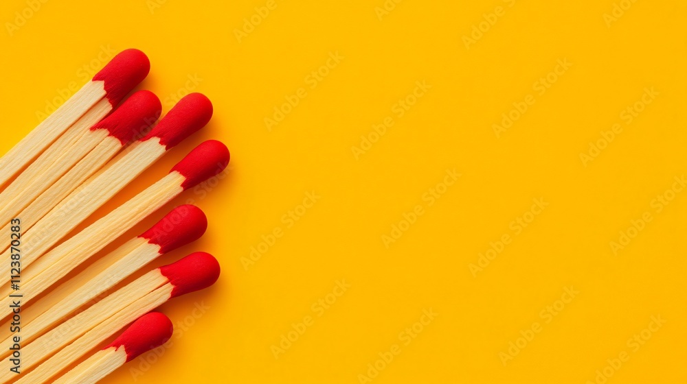 Naklejka premium Clean and Modern Flat Lay: Red-Tipped Matches Lined Diagonally on Yellow Background