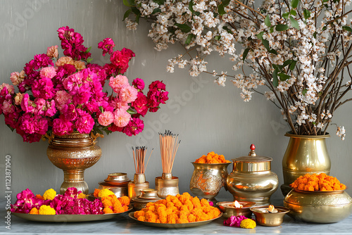 A serene New Year Puja setup featuring traditional offerings like flowers, incense, and sacred items, arranged on an elegant altar with festive decorations symbolizing prosperity and renewal photo