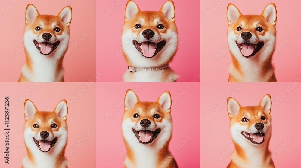 Obraz premium A six-panel photo collage of a Shiba Inu dog, known as Doge, with a happy smile and expressive eyes