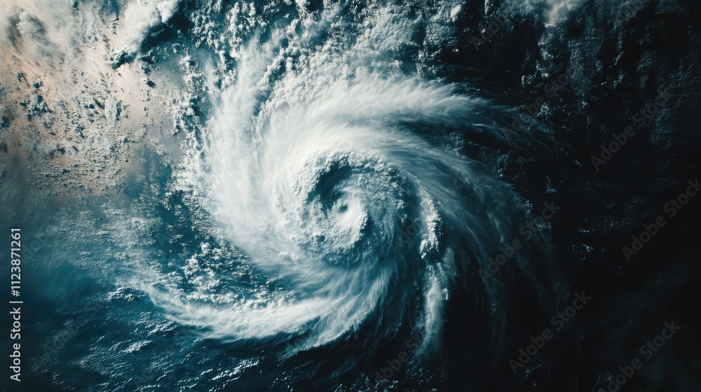 Fototapeta premium Cyclone's Fury: A mesmerizing satellite image captures the raw power and swirling chaos of a powerful cyclone, a breathtaking display of nature's immense force.