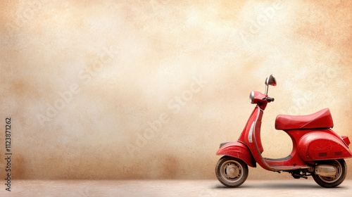 A vintage red scooter stands against a textured beige background, creating a nostalgic vibe, Ideal for travel, lifestyle, or retro-themed projects photo