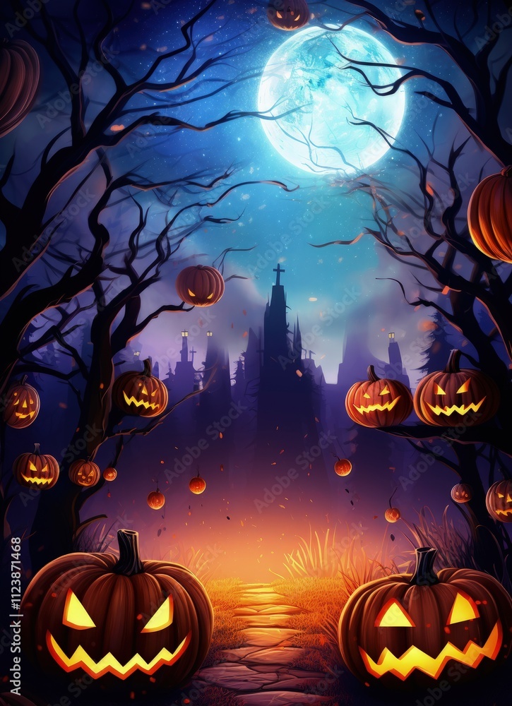 Fototapeta premium Spooky Halloween night scene with jack-o'-lanterns, castle, and full moon.