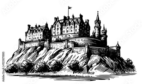 artistic sketch of a castle on a rocky hill in black and white