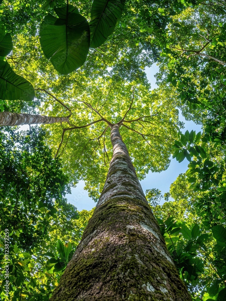 Fototapeta premium Exploring the majestic green forest canopy from ground level