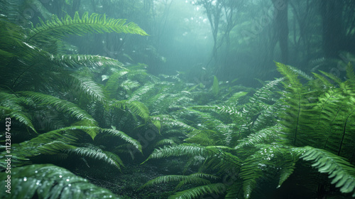 Lush rainforest understory filled with thick moisture and ferns photo