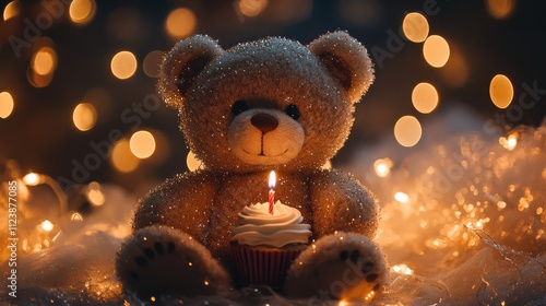 Wallpaper Mural A low angle shot of a teddy bear surrounded by glowing fairy lights, holding a single cupcake with a candle, set against a subtle glittering background Torontodigital.ca