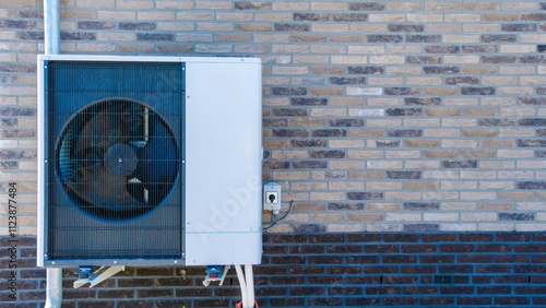 A modern air source heat pump is mounted on a brick wall, efficiently providing heating and cooling, harnessing outdoor air for comfort in the Netherlands. warmte pomp translation air source heat pump
