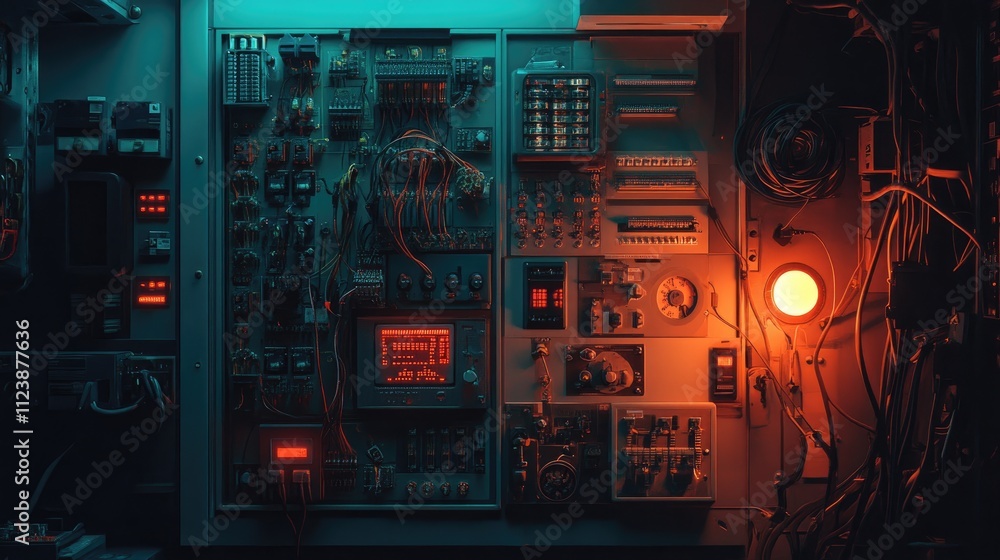 Fototapeta premium Control Panel with Neon Lights and Complex Wiring in Dark Setting