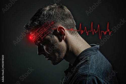 A Man with Head in Pain and Red Lines photo