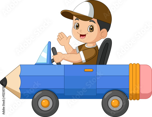 Cartoon boy riding a pencil car