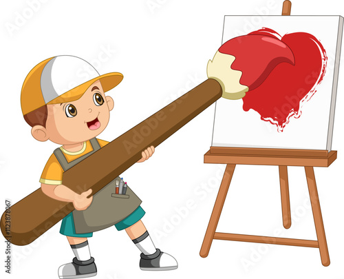 cute boy painting love on canvas with big brush