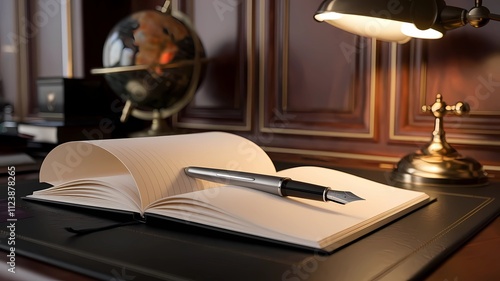 A photo of a sleek, minimalist fountain pen resting on an open journal with soft cream-colored pages. The journal is placed on a sophisticated study desk. The background contains rich mahogany wood pa photo