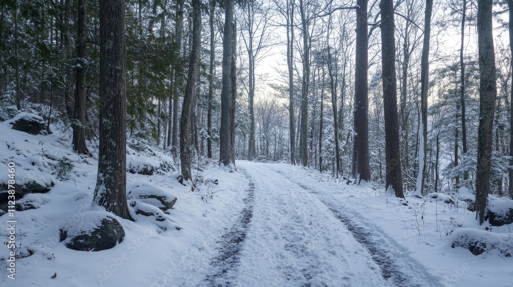 Fototapeta premium Snowy Winter Trail in a Peaceful Forest Surrounded by Trees
