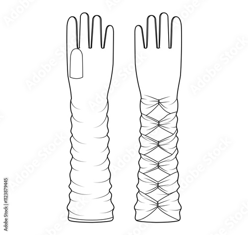 Long Arm Gloves Short Three-Quarter length Fashion hand accessory clothing technical illustration garment. Vector front palm back view for Men, women style flat template CAD mockup sketch outline