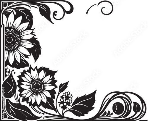 Whorled Sunflower , Helianthus verticillatus flower in art nouveau decoration, corner border, black and white illustration, photo