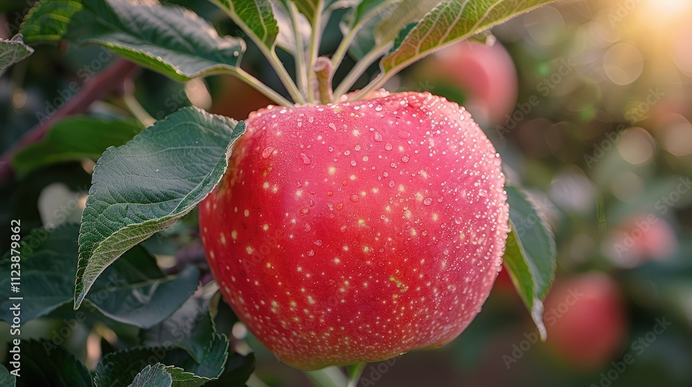 Obraz premium Red apple on branch with dew drops, orchard background.