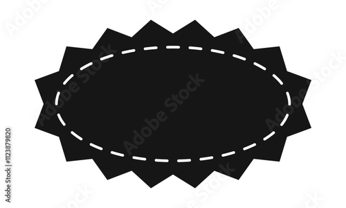 Oval shape with zigzag borders and stitch line. Empty price, discount, sale offer, coupon, promo code tag. Speech bubble, message or text box. Vector graphic illustration.