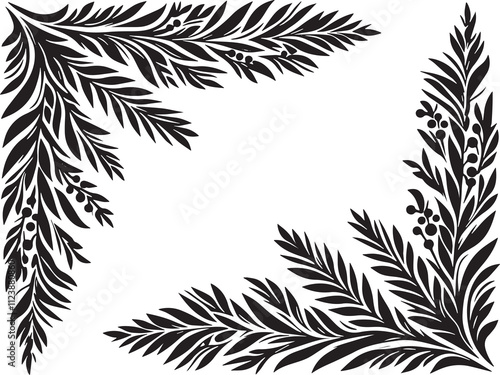 Wallpaper Mural Yew branches in art deco decoration, corner border, black and white illustration, Torontodigital.ca