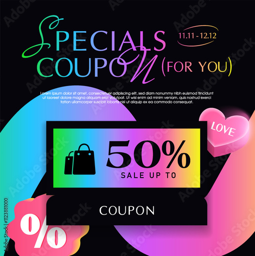 Gradient coupon banner template with coupon code, shopping icon, percent price off. Gift voucher giveaway banner template in 3d vector. Vector illustration