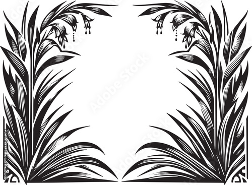 Yucca Leaf in art nouveau decoration, corner border, black and white illustration,