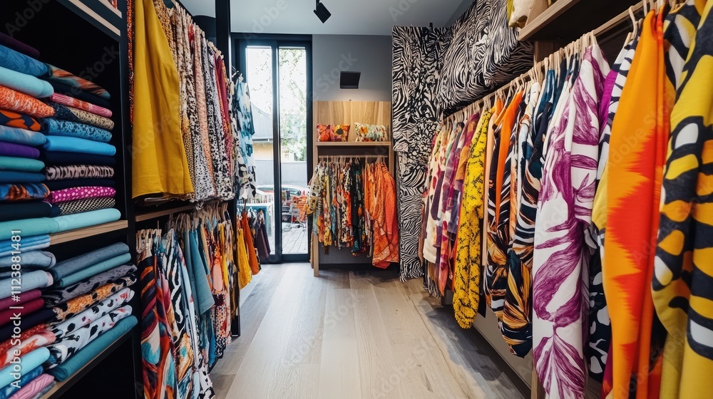 Fototapeta premium Colorful Fashion Store Interior with Vibrant Clothing Display