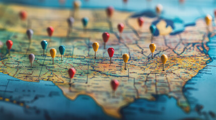 A map of the United States with pins on different cities, representing travel or sightseeing planning