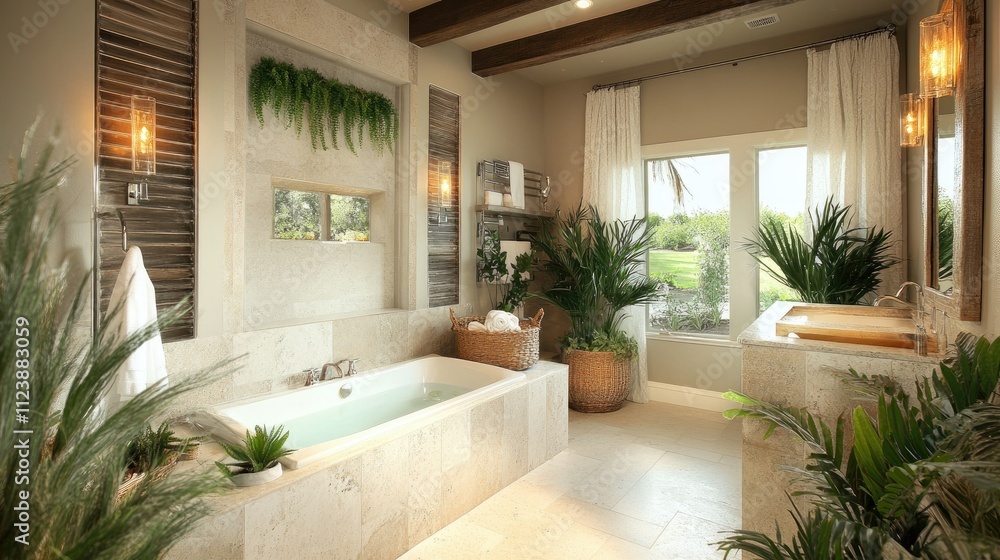 Fototapeta premium Tranquil Bathroom with Natural Elements and Soaking Tub