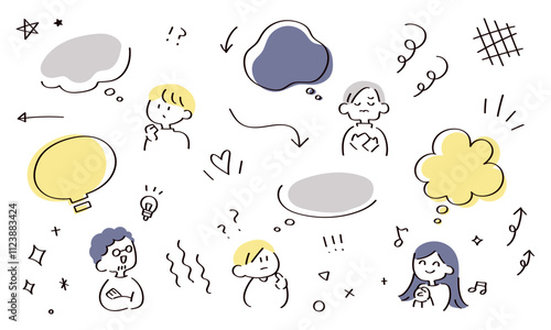 人物とフキダシとあしらいイラストセット