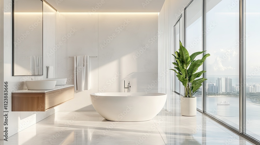 Fototapeta premium Modern Bright Airy Bathroom with Freestanding Bathtub