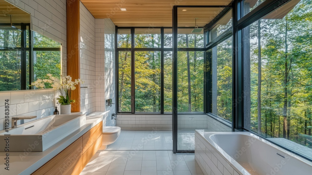 Fototapeta premium Bright Modern Bathroom with Large Windows