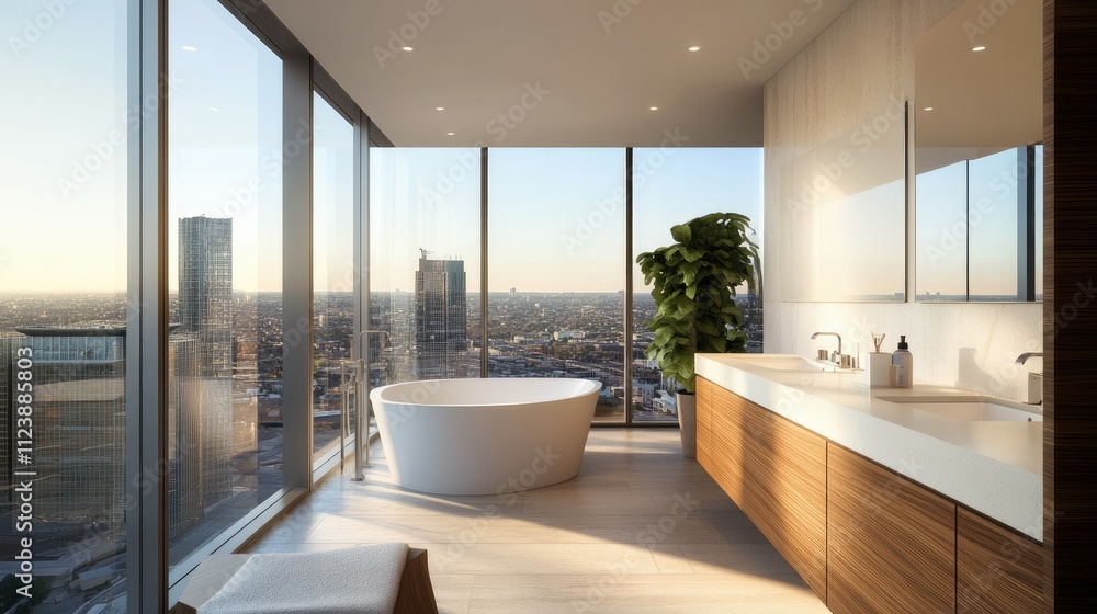 Fototapeta premium Modern Minimalist Bathroom with Scenic City View
