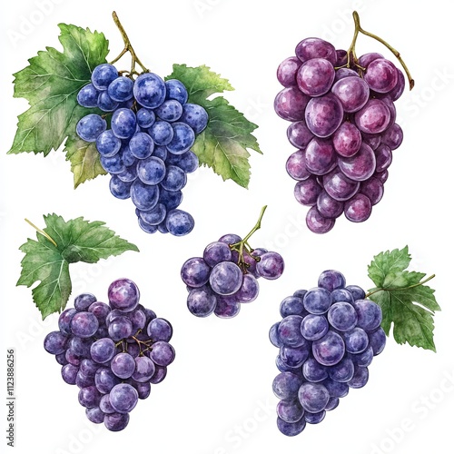Watercolor Painting of Six Clusters of Grapes with Leaves