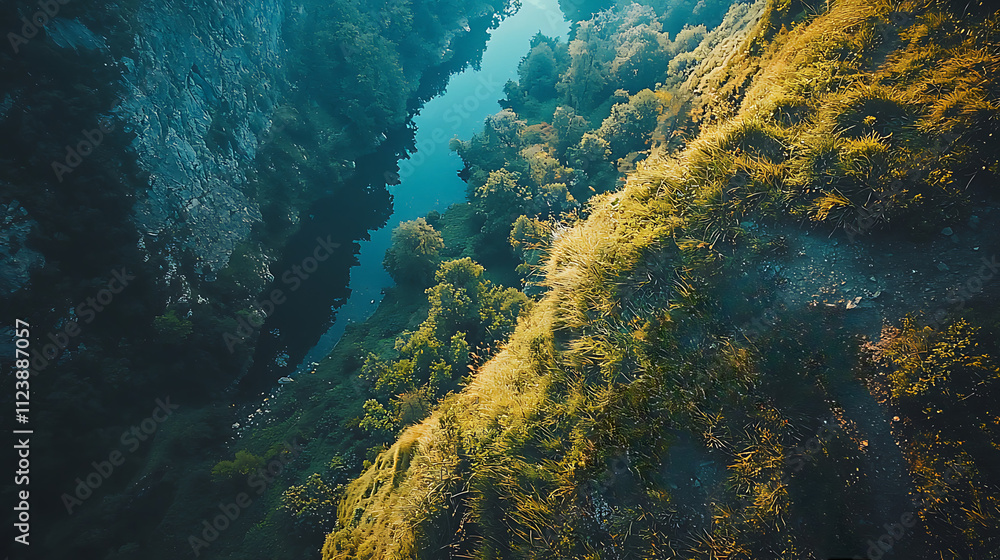 Top view of a serene river valley surrounded by lush greenery cliffs and sunlight filtering through Top view of a serene river valley surrounded by lush greenery cliffs and sunlight filtering through