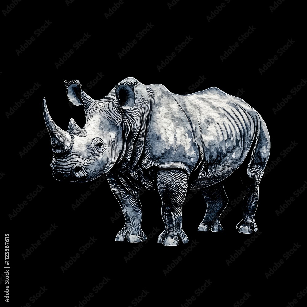 Obraz premium Watercolor Illustration of a Standing White Rhinoceros