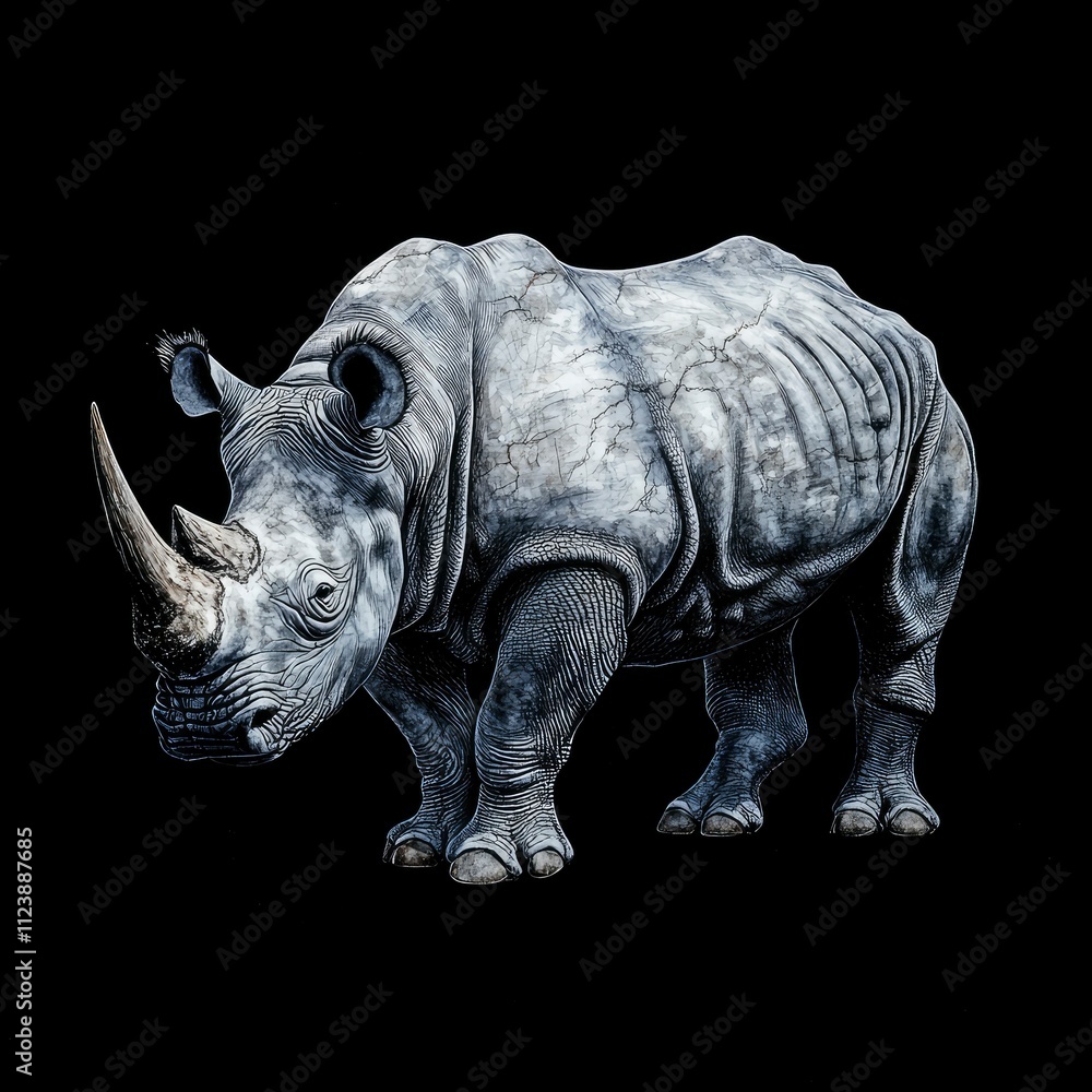 Fototapeta premium A White Rhinoceros Standing Against a Black Background