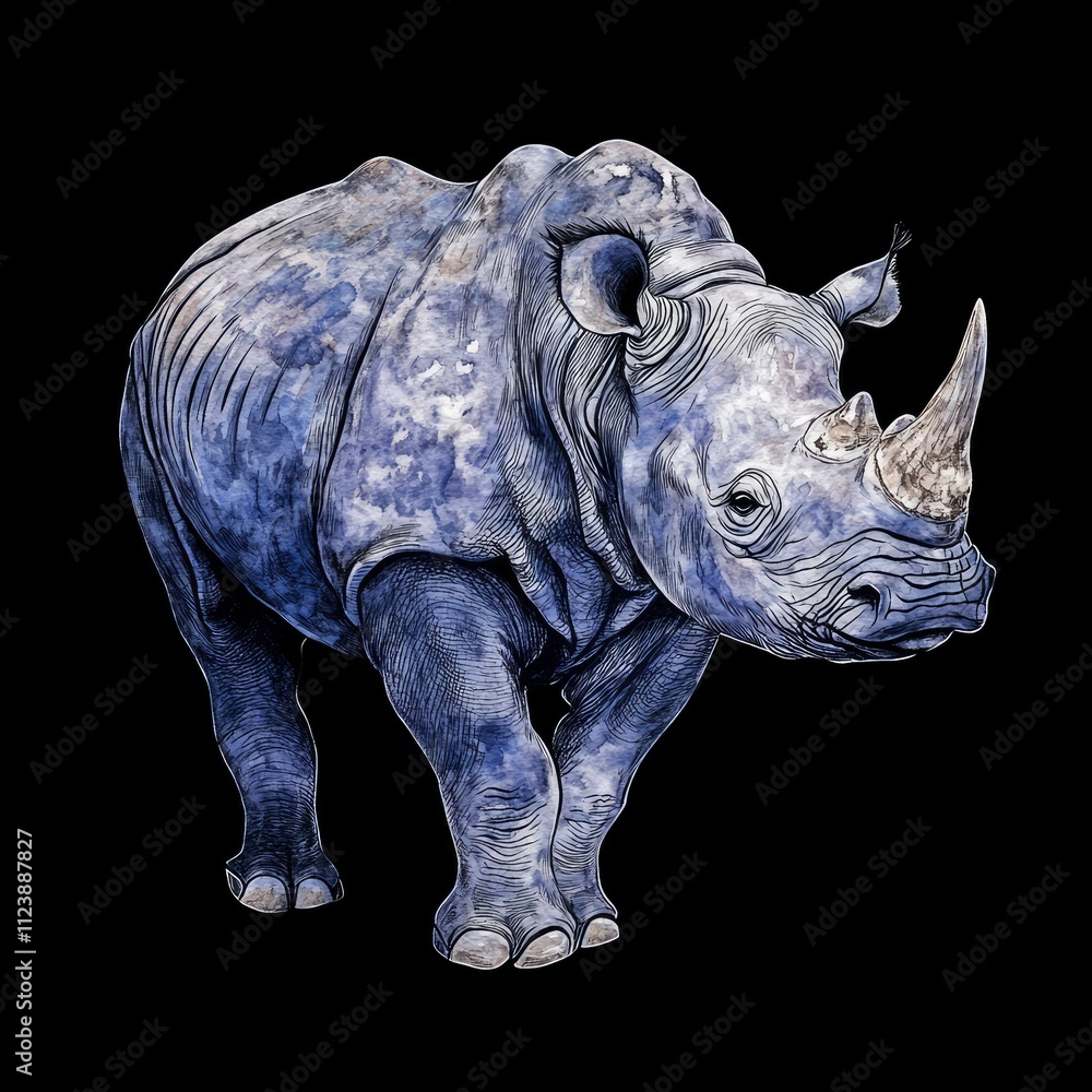 Obraz premium Watercolor Illustration of a Rhino Standing on a Black Background