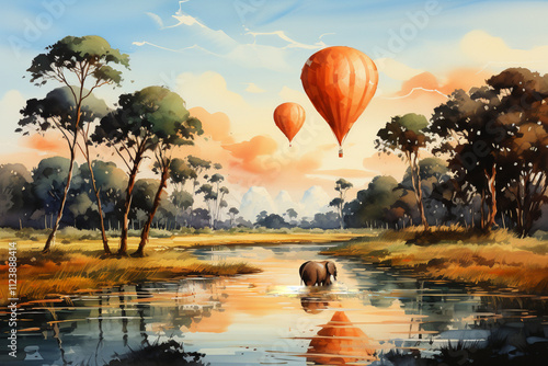 balloons over the river, landscape, watercolor.    photo