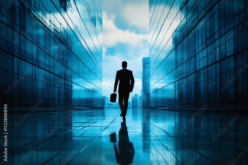 Fototapeta premium Successful businessman walking through urban skyline