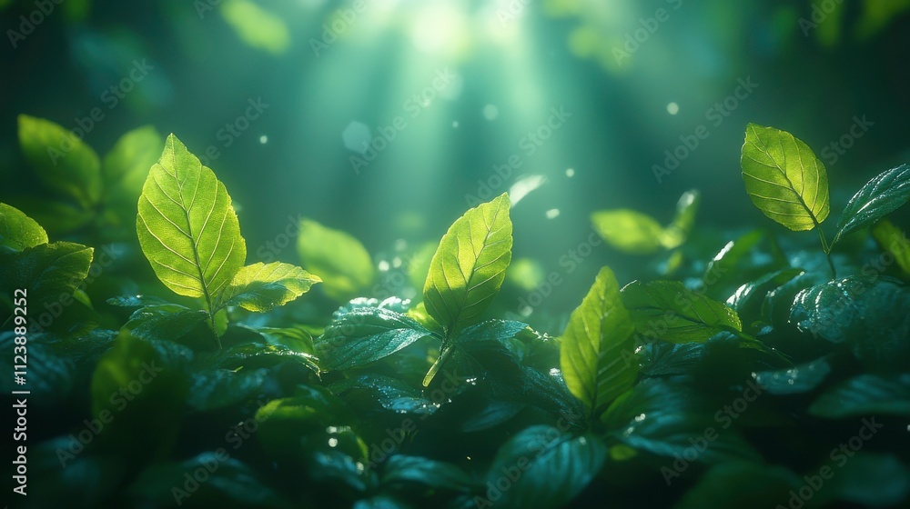 Fototapeta premium A serene close-up of vibrant green leaves illuminated by soft sunlight.
