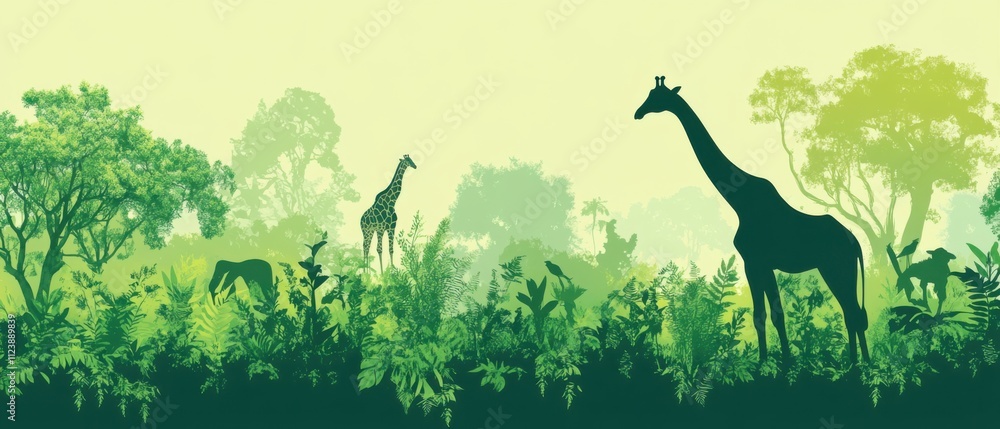 Fototapeta premium Serene African Safari Landscape with Giraffes and Lush Greenery