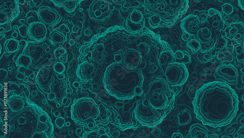 Abstract topography relief map with craters. Elevation contour lines on geographic topographic map. Intricate and detailed teal contour lines marbled pattern on a dark background. Vector illustration