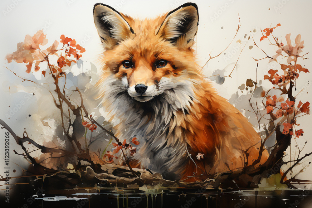 Fototapeta premium fox in the forest, watercolor. 