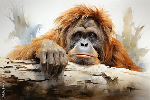 orangutan, watercolor on white background,  photo