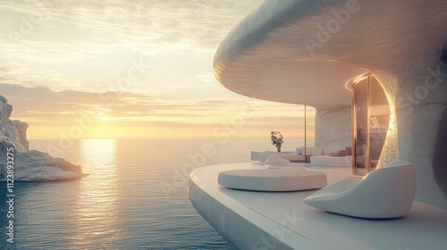 A stunning ocean view from the balcony of an ultra-modern, white futuristic villa with rounded shapes and large windows overlooking calm blue waters