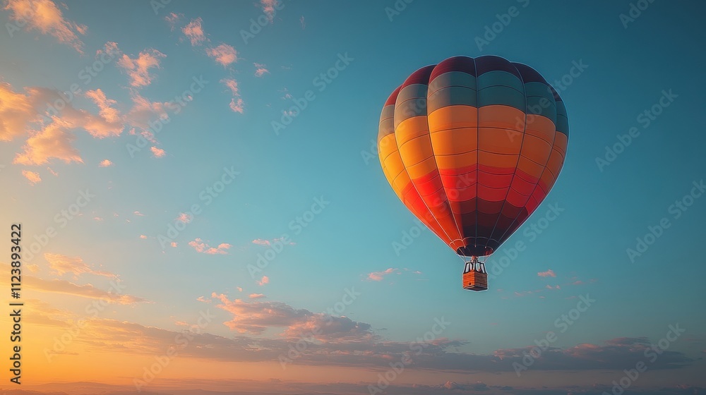 Obraz premium A colorful hot air balloon soaring in a serene sunset sky.