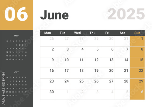 Template design of Monthly Calendar on June 2025. Vector layout grid of calendar with week start Monday with previous and next month dates. Page for size A4 -21x29.7 cm.