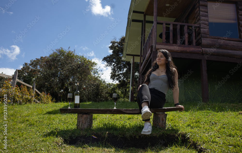Fototapeta premium Woman sitting on a bench outdoors near a rustic wooden cabin