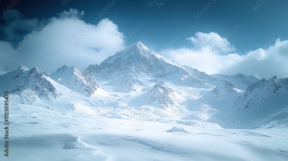 Obraz premium A serene winter landscape featuring a majestic snow-covered mountain under a cloudy sky.
